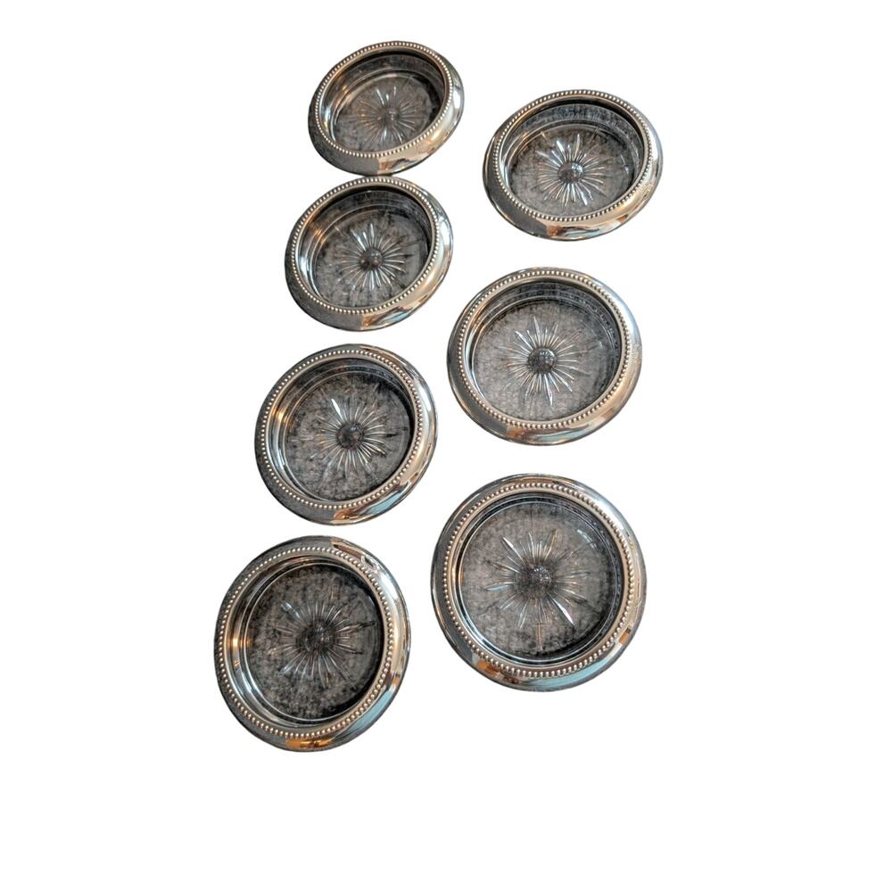 Vintage Regency Style Crystal Silverplate Coasters Set of 7 By WeS Blankinton - Picture 3 of 10